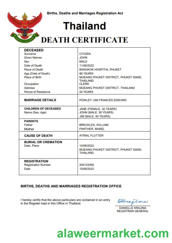 Thailand death certificate Word and PDF template